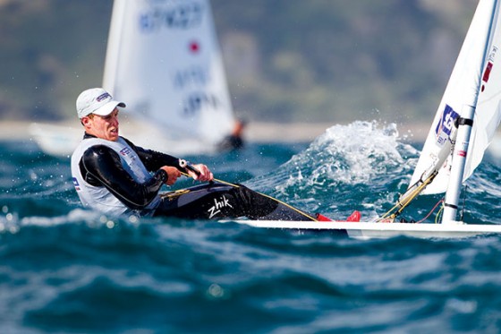 Paul Goodison sailing a Laser in the 2012 Olympics