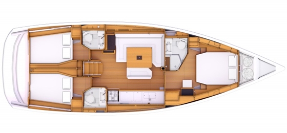 The three-cabin layout has an optional third head compartment and linear galley arrangement.
