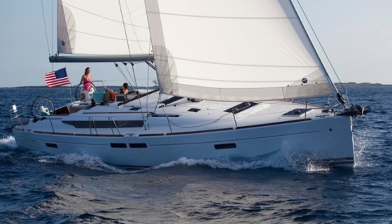 The Jeanneau Sun Odyssey 469, shown sailing with the standard 106-percent genoa.