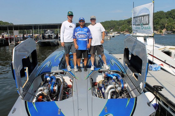 (From left) On the deck of the 195-mph Sterling 1700 Skater project cat, John Tomlinson, Myrick Coil and Mike D’Anniballe strike a pose.