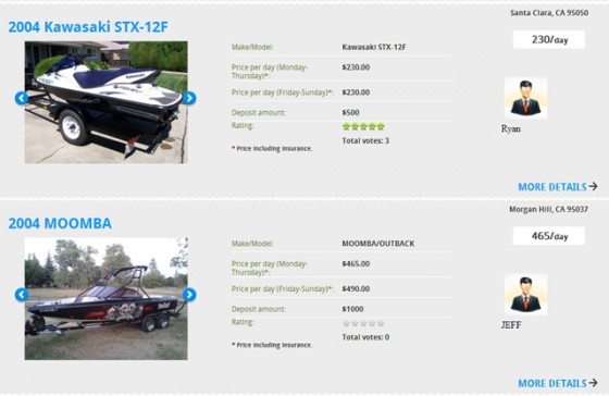 Fun2Rent listings showing daily rental rates and deposit requirements for a PWC and a tow-sports boat, both in California.
