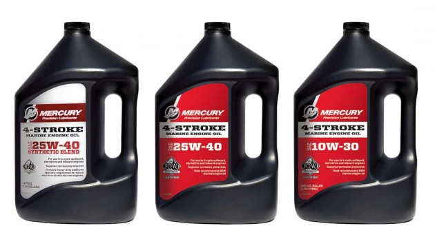 A photo of three bottle of Mercury Marine oil.