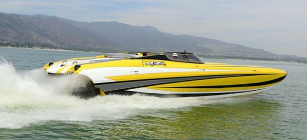 Shown here during its first test run on Southern California’s Lake Elsinore, the latest DCB M-35 cat is outfitted with Mercury Racing M8 “R” drives.