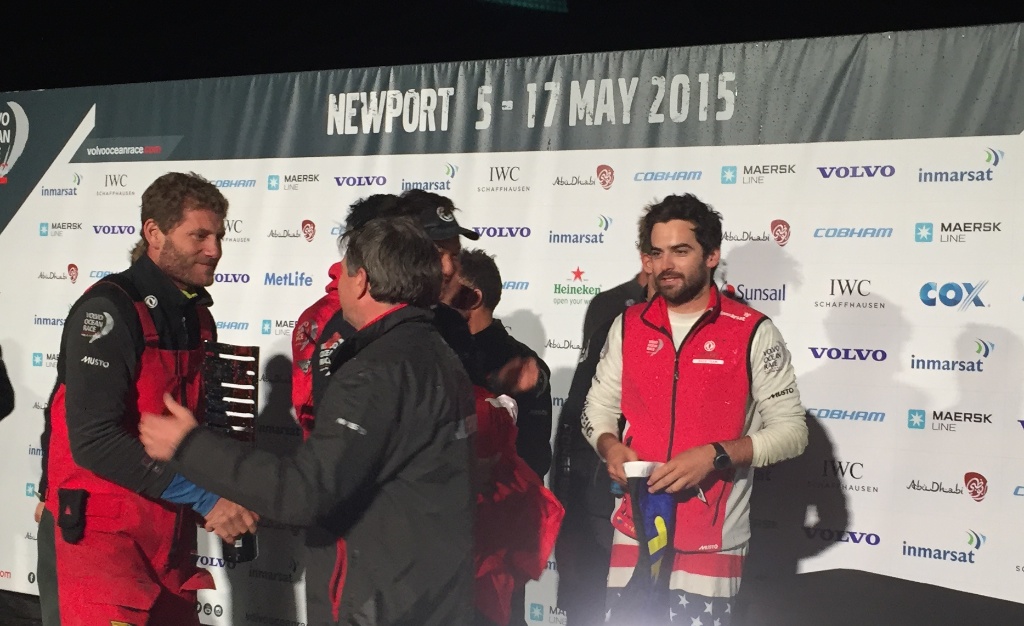 Dongfeng Racing skipper Charles Caudrelier and onboard reporter Sam Greenfield receive Leg 6 victory congratulations