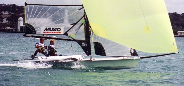 The 49er sailing dinghy blasts off. 
