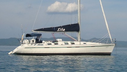 The Beneteau 45f5 lies at anchor. 