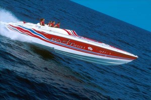 Stepped-bottom hulls reduce wetted running surfaces, which translates to less friction and more speed. Look closely at this offshore performance boat and you can see both steps in its hull. (Photo courtesy Thunderbird Products)