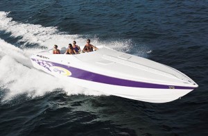 The deep-V hull and narrow beam of this offshore performance boat enable it to knife through rough water. (Photo courtesy Baja Marine Corp.)