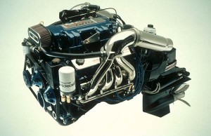 A complete stern-drive package includes an engine and the drive itself, which can be seen in the right-hand third of this photograph. (Photo courtesy Mercury Racing)