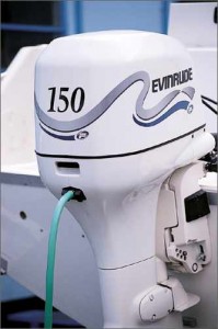 Freshwater flush systems are offered on certain outboards, such as this Evinrude Ficht 150. (Photo courtesy Evinrude)