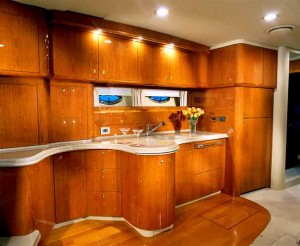 Highlights of the 510 Sundancer's galley include Corian countertops, a microwave/convection oven and a refrigerator/freezer.