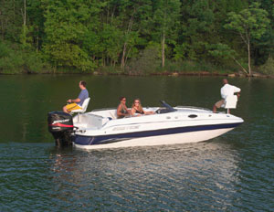The Ebbtide Campione 210 Fun Cruiser deck boat is offered with outboard power.