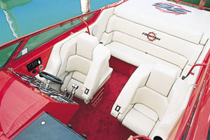Fountain's in-house-built bolsters and deep bench seat complimented the boat's cockpit.