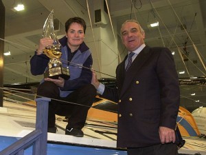 Ellen being presented the FICO LaCoste Offshore Sailing Skippers World Championship trophy by Pierre Fehlmann, President of FICO. Photo by Mark Pepper / Marinepics