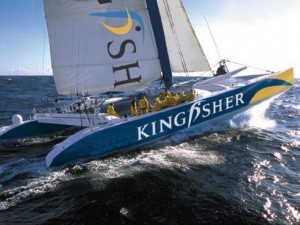 Kingfisher branded mega cat : Winter 2002/3, the plan is to attack the Jules Verne record in one of the mega-cats that were designed for The Race. Photo by Thierry Martinez