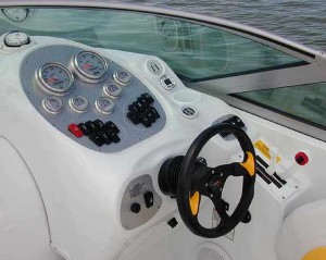 Performance-minded drivers will appreciate the bowrider's easy-to-read gauges and race-style steering wheel, throttle and shifter.