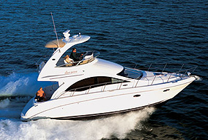 Sea Ray puts a pair of MerCruiser 8.1S Horizon gas engines, rated at 370 hp each, in the 36 Sedan Bridge as standard power. They moved our test boat along nicely.