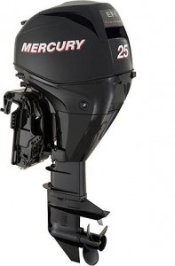Displayed here in standard lower unit/propeller dress, the Mercury 25/30 EFI FourStroke features a new tuned induction design that muffles intake noise.