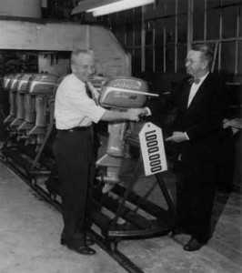 The one-millionth Johnson motor was produced on November 6, 1952. Commemorating the occasion are Clarence Johnson (left) and Joseph G. Rayniak, who was production chief when the first Johnson was built in 1921. (courtesy Write Stuff Syndicate)