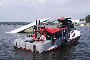 Gray plastic ballast tanks fits over the aft platform of Sea-Doo wake models. When filled with 200 pounds of water, they help increase wake size for enhanced wakeboard action. Board rack and towing pylon are also standard Wake features.