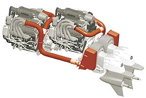 This illustration depicts the Mercury Racing Stage 2 X-haust system (in red) installed on staggered engines.