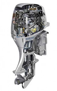 Visible in this cut-away of the Honda BF50 are a new extending dipstick handle, the long intake runners designed by Mikuni, and a water-separating fuel filter with a water indicator float.