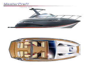 The twin-tip bow shape, a signature of several recent MasterCraft models, forms a broad forward hullshape and on this new model creates more space in the cabin.