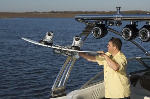 The towing tower carries boards on either side that hook on to swing-in racks and comes with LED cockpit lighting, plus optional speakers and spotlights.