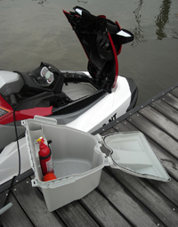 This water-tight plastic bin lifts out of the bow storage compartment. Handy, but more difficult to retrieve gear while on the water.