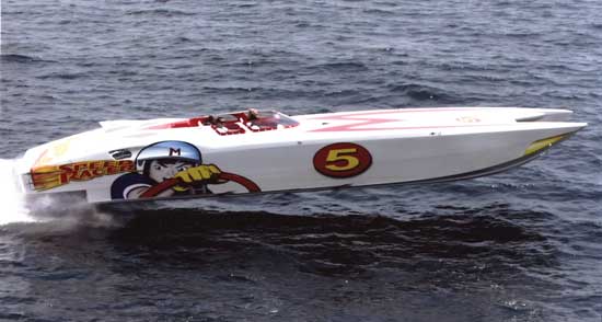 The 44 MTi "Speed Racer" catamaran, owned by Bob Christi, is a perfect example of what can be done with paint rather than gelcoat.
