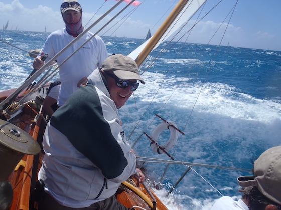 Jimmy Lucarelli steers Dorade to the finish of the third race of the Heineken Regatta.