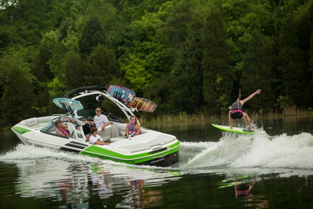 A photo of  Moomba 2.5 with a wakesurfer behind. 