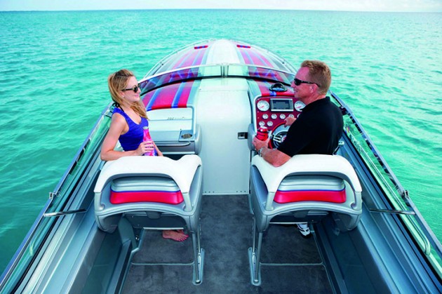 A photo of the cockpit of a Formula 382 FAS3Tech powerboat.
