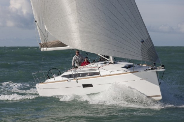 A photo of the Jeanneau Sun Odyssey 349 under sail. 