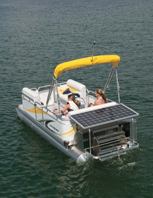 A photo of the solar panel package on the Paddle Qwest pontoon.
