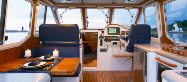 The True North 38's cabin house is open and airy, and features a roomy dinette and well-equipped galley. 