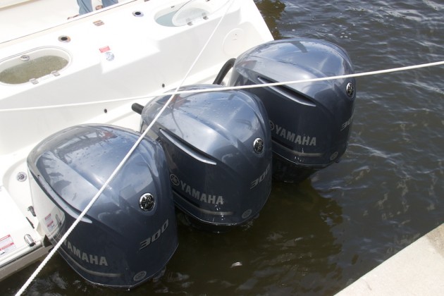 The tip of the spear. These three Yamaha F300 outboards can propel the Cobia 344 CC beyond 70 mph. Photo: Gary Reich