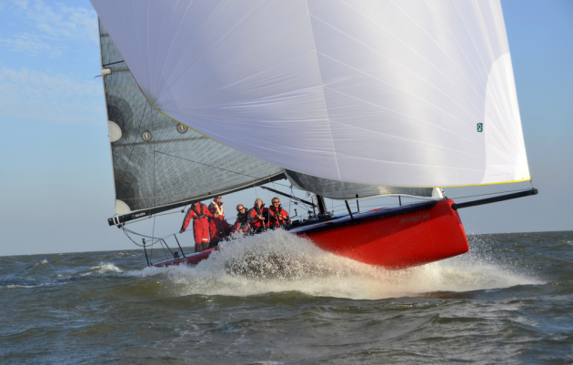 The Fareast 31R blasts away on a reach. Photo courtesy of Far East Boats