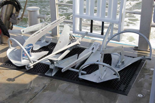 Seven of 11 different anchors await testing on the deck of the Rachel Carson during Fortress Anchor's 2014 Chesapeake Bay Anchor Test. Photo courtesy of Fortress Anchors