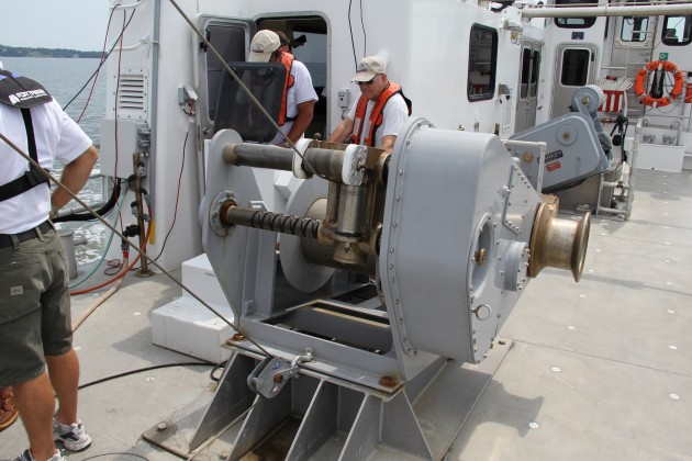 The Rachel Carson's oceanographic winch did the heavy lifting, err, pulling for the four days of testing. Photo courtesy of Fortress Anchors