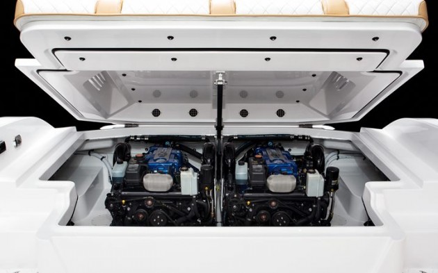 Twin Mercury Racing 520 engines with Bravo Three drives power the boat.