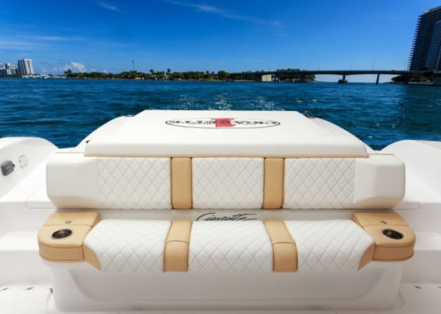 Going with stern-drive power enabled Cigarette to create the 41-footer with a sunpad and a swim platform—and walk-through on both sides of each.
