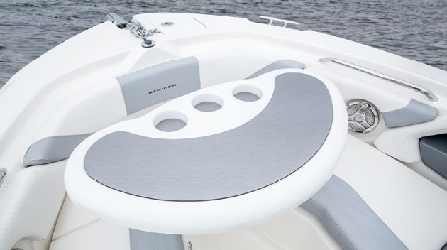 There's lots of room for relaxing and entertaining in the bow of the Striper 200 DC. Luckily, much of the plush accoutrements can be removed to expand the space for fishing up here.