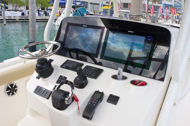 There's plenty of room for fish-finding and other electronic gizmos on the Key West Billistic 351, but the positioning of the joystick controller is a bit awkward. Photo by Gary Reich
