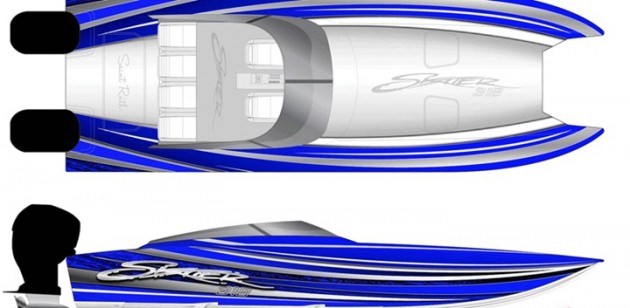 Rendering for Skater 318 catamaran hull No. 1 by Thomas Kulesia, II/No Coast Design.