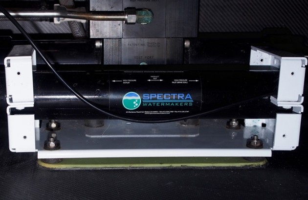 Fig. 6:  A fitting between the Spectra watermaker and the water tank broke on Team SCA. Epoxy fixed it, and the fitting was replaced in Newport.