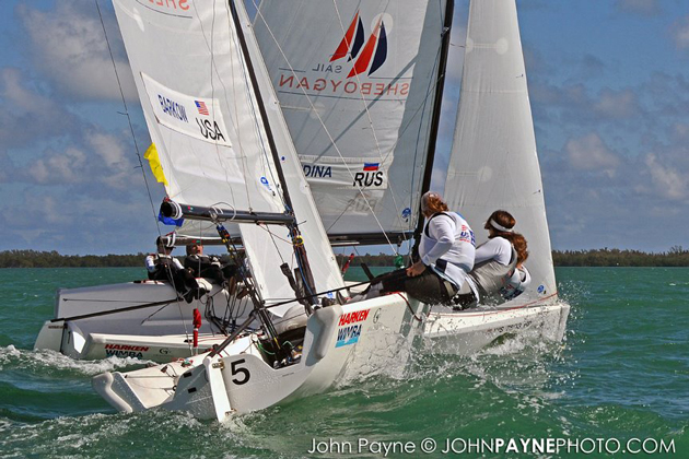 Specialization is the key to Olympic crewing, and Sally's 2012 team (Elizabeth Kratzig Burnham and Alana O'Reilly) never once thought of swapping positions—let alone steering. Photo: John Payne Photography
