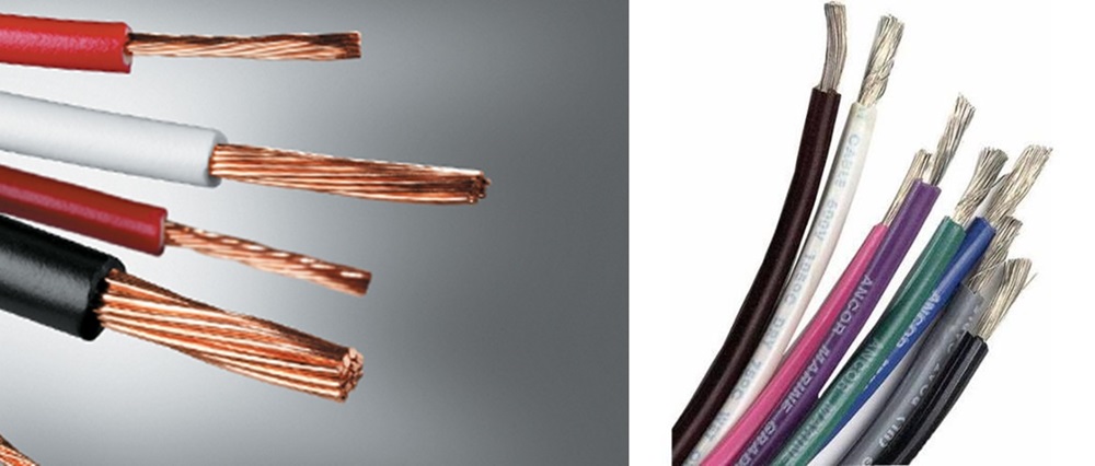 Untinned copper wire (left) is used in boats with good results, but tinned wire (right) is better able to resist corrosion, both at terminals and in capillary action along the wire.