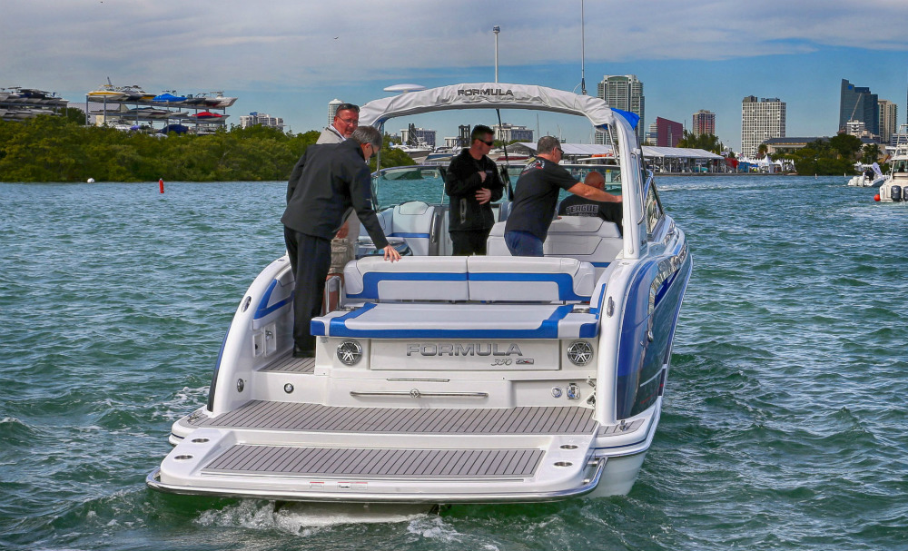 The author was joined by Ilmor Marine’s Paul Ray and Teague Custom Marine’s Bob Teague for the first media demo ride on the Formula 350 CBR FX with Ilmor One Drive propulsion packages. Photo by <A HREF="https://www.facebook.com/Shoot-2-Thrill-Pix-130528070292399/?ref=br_rs">Pete Boden/Shoot 2 Thrill Pix</A>