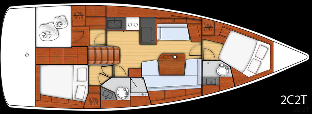 Shown here with the two stateroom/two head layout, the Oceanis 41.1 can also be arranged with three staterooms.
